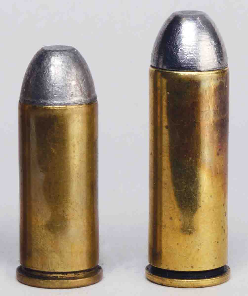 The comparison between the .45 S&W (Schofield) and .45 Colt is evident here. Case length, overall length and rim diameters are different.